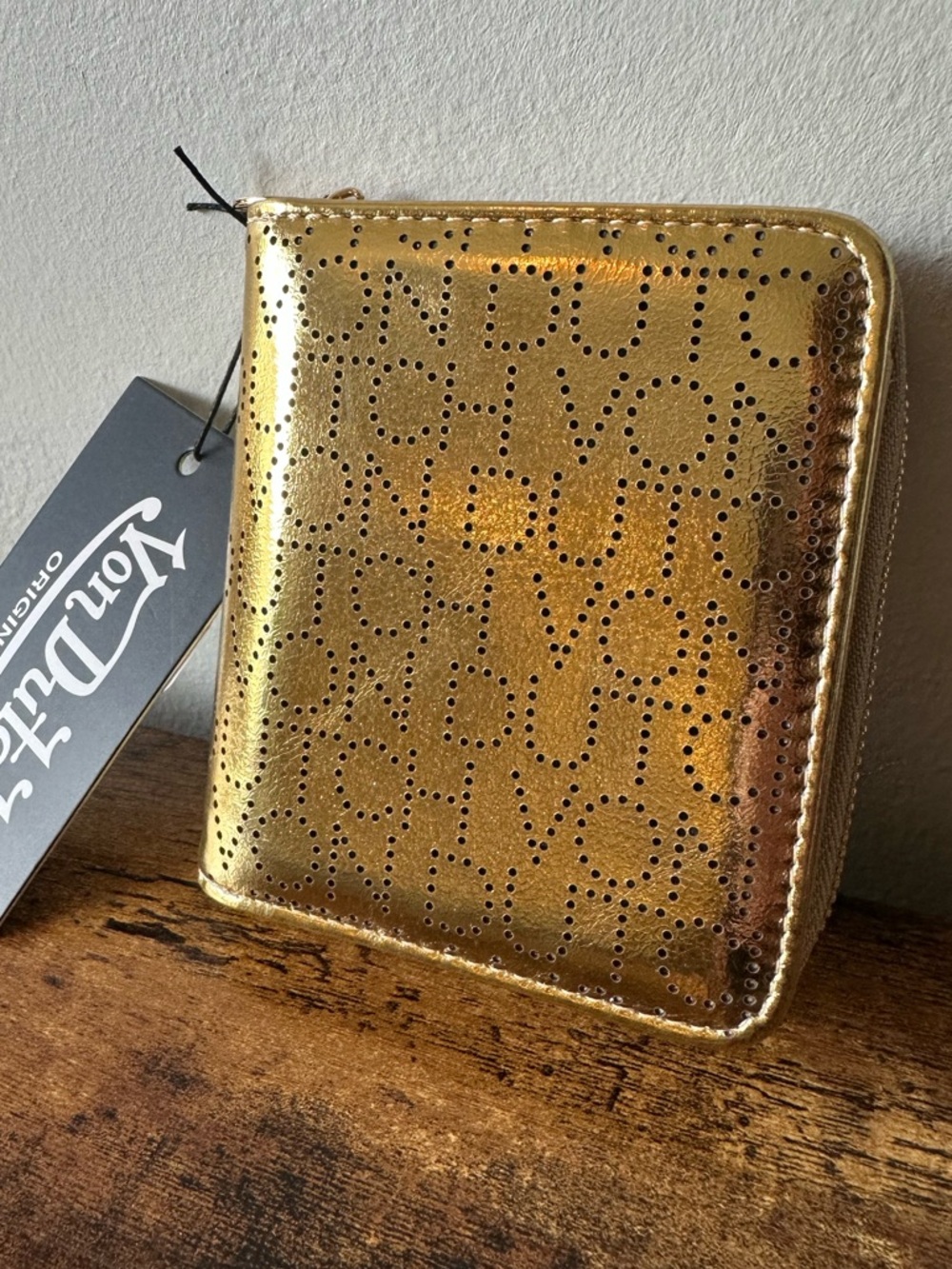 Von Dutch Metallic Gold Card Wallet with Zip Pouch and Perforated Letters NWT